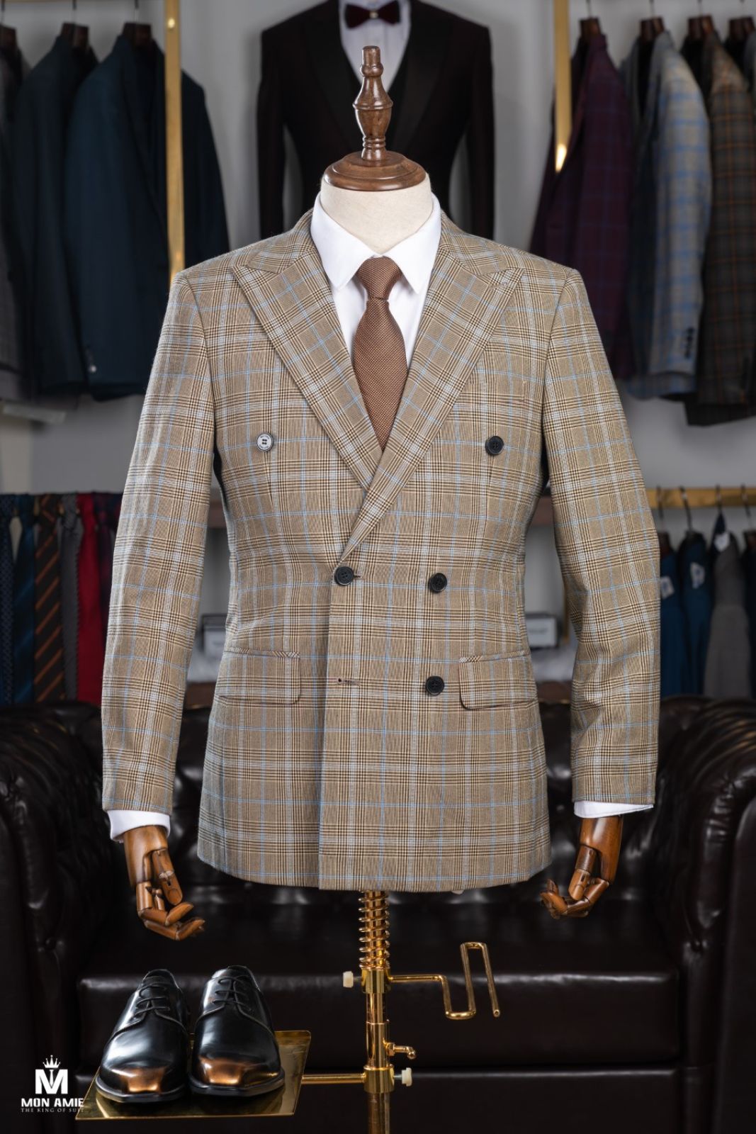 Double Breasted Mix Plaid On Beige Suit 